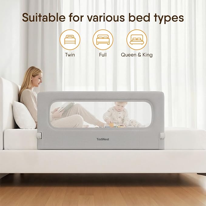 Bed Rail for Toddlers, 47 Inch Foldable Baby Guard | 47 in foldable toddler rail with reinforced anchors, no-gap mattress fit, double lock, washable fabric for King|Queen