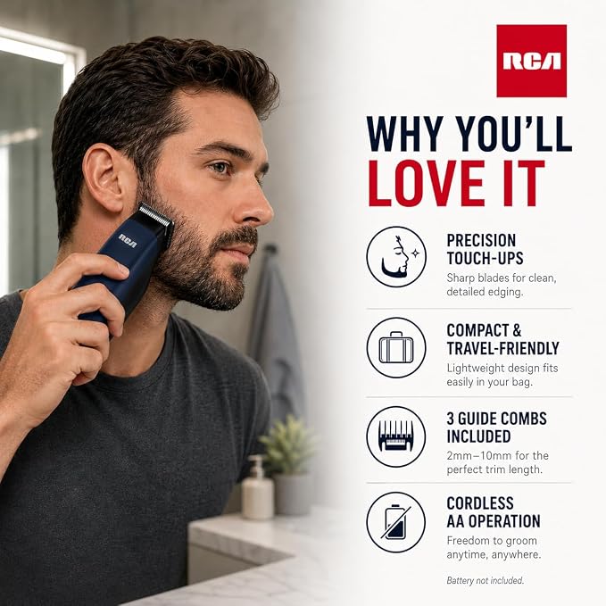 RCA Touch-Up Trimmer for Men, Cordless Travel Size Facial Hair Trimmer with Stainless Steel Blades, Lightweight Portable Beard Detailer for Mustache, Sideburns & Neckline