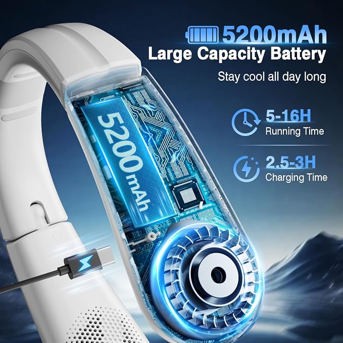 ChillGo Portable Neck Fan, 8400 RPM Enlarged Turbo Airflow, 5200mAh Personal Wearable Fan - Max 16H Cooling, LED Display, 4 Speeds, Foldable, Gifts for Men Women - Iceland Frost