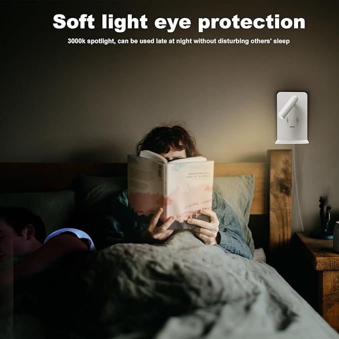 ZEROUNO Plug in Wall Light Bedroom Wall Mounted Reading Light LED Bedside Sconces with Switch USB Port Wall Lighting Lamps 3000K(White)