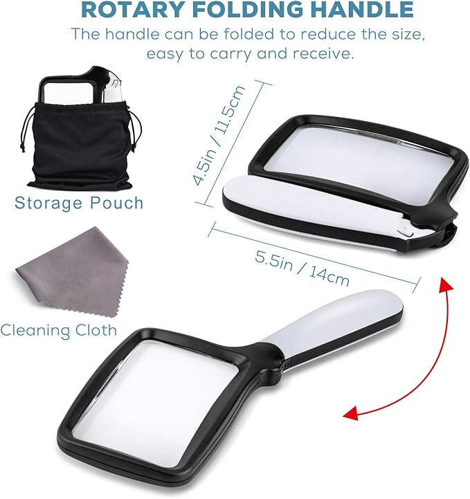 Folding Handheld Magnifying Glass with Light, 5X Large Rectangle Reading Magnifier with Dimmable LED for Seniors with Macular Degeneration, Newspaper, Books, Small Print, Lighted Gift for Low Visions