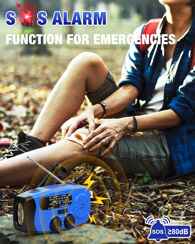 Hand Crank Radio with AM/FM/NOAA Weather Bands,for Emergencies, Camping | 3 LED Flashlights,SOS Function,Solar Powered,Hand Cranked, 2000mAh/7400mWh Charger,for Power Outage - Blue
