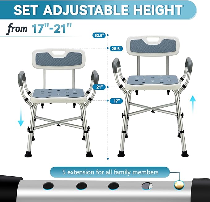 Shower Chair for Inside Shower, FSA/HSA Eligible 600 lbs Heavy Duty Shower Chair for Elderly and Disabled, Height Adjustable Shower Chair with Arms and Back, Bath Chairs for Seniors, Adults, Handicap