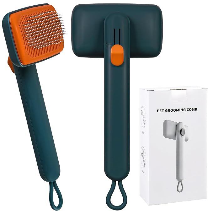 Self Cleaning Slicker Brush for Dogs & Cats – Skin-Friendly One Click Hair Removal, Deshedding Tool for Long & Short Hair, Reduces Shedding & Removes Mats, Safe for Puppies & Kittens - Green