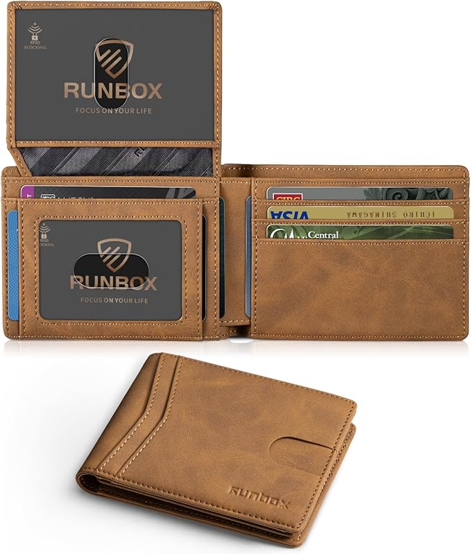 RUNBOX Wallet for Men -Slim Rfid Leather Mens Bifold Novelty Wallets 2 ID Window With Gift Box Men's Accessories | Minimalist Front Pocket Design, Holds 15 Cards, Large Capacity with Cash Pocket,Compact and Thin, Birthday Gifts for Men