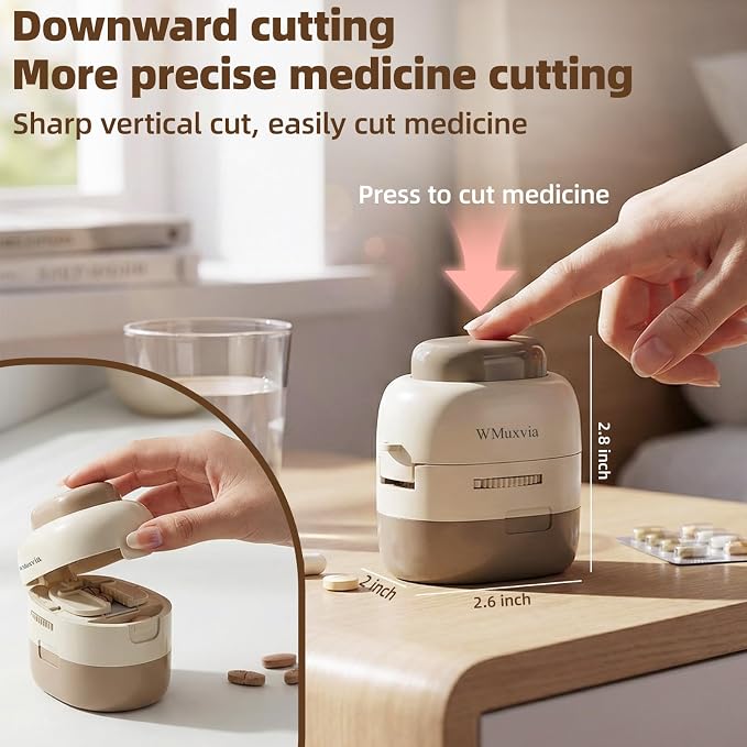 Pill Cutter Splitter with Storage Box, Adjustable Vertical Press Pill Splitter for Small/Tiny Pills Vitamins Tablets, 1/2 & 1/4 Precise Cutting, Hidden Sharp Blade, Multi-Pill Cutting Design