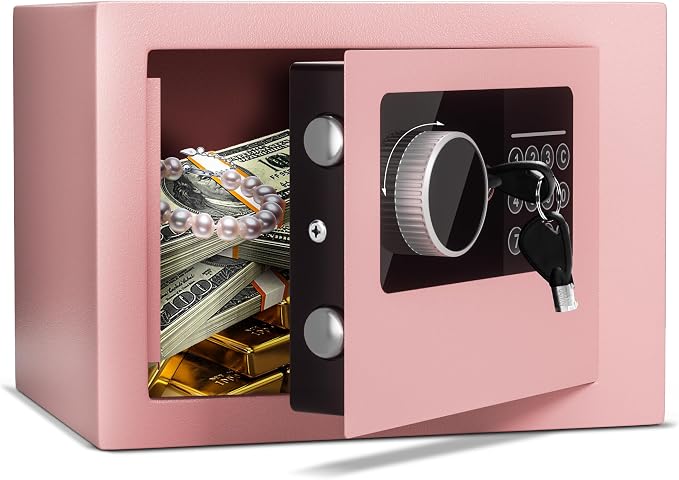 Digital Electronic Money Safe, Steel Security Lock Box with Keypad, Office Hotel Business Jewelry Gun Cash Safe, 0.23 Cubic Feet, 9.06" W x 6.69" D x 6.69" H（pink）