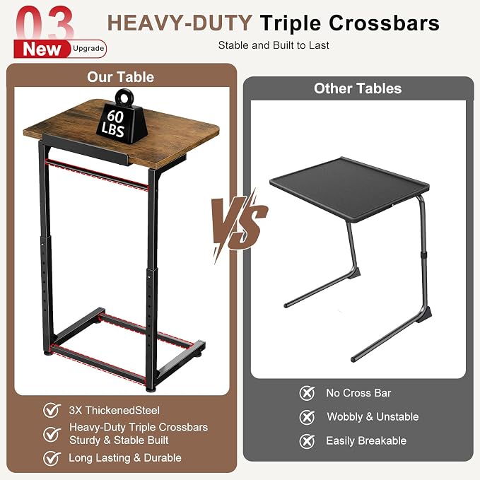 IHAITUN Tv Tray Table, Adjustable Height Couch Narrow Side Table,90° Tilt Angle Foldable End Table, Laptop Table with Phone & Tablet Slot Dinner Tray Desk for Living Room Table Sets (Brown)