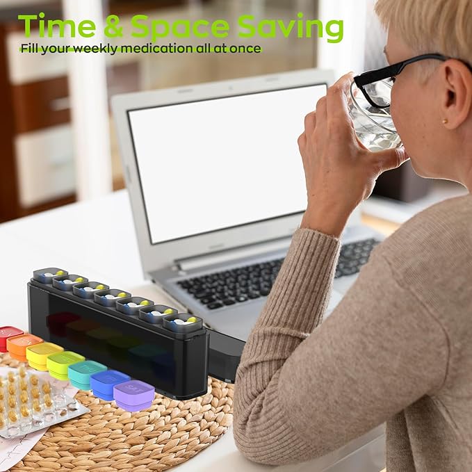 Weekly Pill Organizer 1 Time a Day, HIONXMGA Portable Detachable Travel Pill Box 7 Day, Large Once Daily Pill Holder Case, Color-Coded Dispenser for Vitamin Medicine Supplement Fish Oil, Black