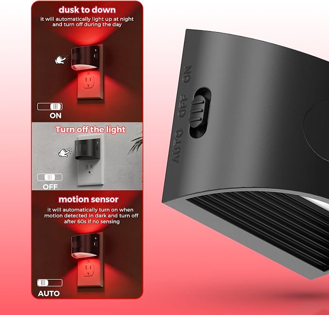 L LOHAS LED Motion Sensor Night Light, Night Lights Plug into Wall, 2 Pack | Nightlight with Dusk to Dawn & Motion Detection Sensor, 30-100Lm Adjustable Brightness, Red Light, Black Housing