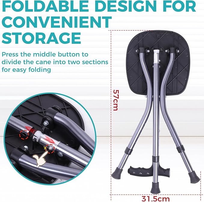 Portable Adjustable Folding Walking Cane with Seat and Cushion，Cane seat for Seniors with Magnetic Massage Handle, Lightweight Walking Cane with LED Light，Supports up to 330 Pounds