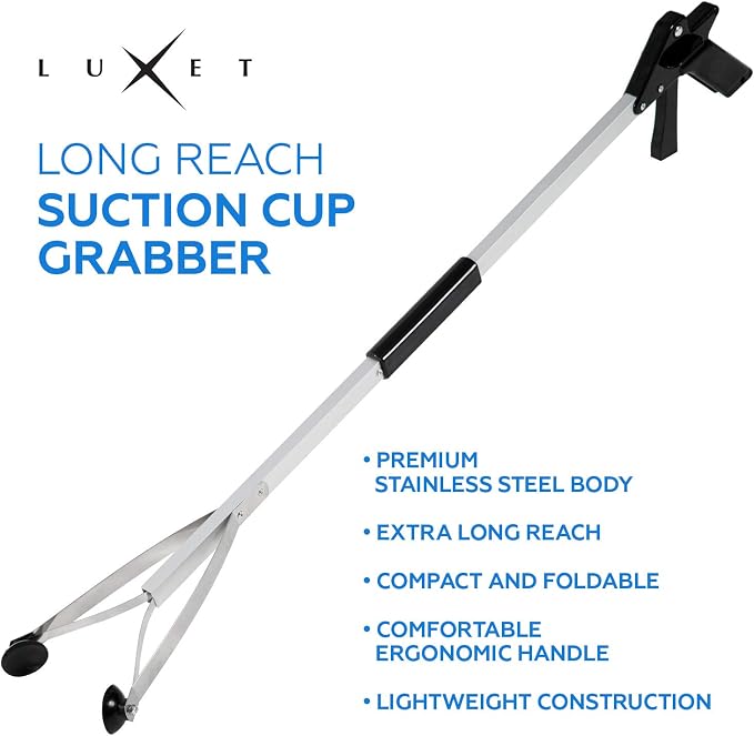 Grabber Reacher Suction Cup Grip Tool- Long 32 Inch Foldable Strong Heavy Duty Aluminum Pick Up Stick - Lightweight Trash Litter Picker Claw Extended Gripper Nabber Assist for Elderly, Luxet (Black)