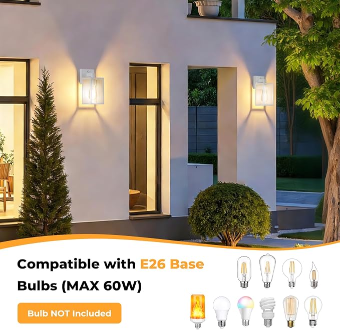 2 Pack Dusk to Dawn Outdoor Wall Light Fixtures, Exterior Porch Light, Waterproof Wall Sconces Lanterns, Sensor Lighting Wall Mount for House Doorway Garage, White