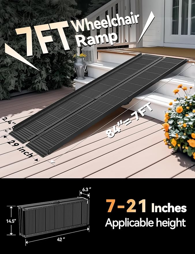 Black Aluminum Ramp 7FT, With Non-Slip Surface Wheelchair Ramp, Folding Portable Wheelchair Ramps for Home Steps,Scooter Ramp for Car, Stairs, Doorways, Curbs, 800 LBS Weight Capacity, 28.3" W x 84" L