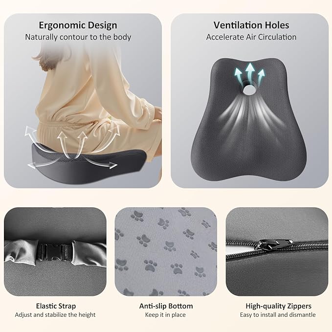 Seat Cushion,Lumbar Support Pillow for Office Chair,Memory Foam Coccyx Seat Cushion,Ergonomic Mesh Back Support Pillow,Office Desk Chair Cushion for Sciatica,Back&Tailbone Pain Relief,Grey