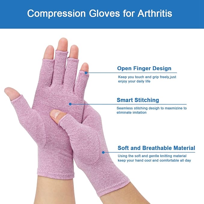 2-Pair Arthritis Compression Gloves for Alleviate Rheumatoid Osteoarthritis, Carpal Tunnel Raynauds Disease, Fingerless Design Breathable & Moisture, Women and Men (Purple, Medium)