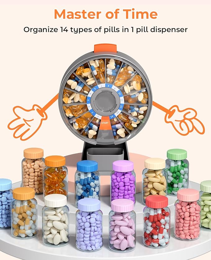 Daviky Daily Pill Dispenser, Large Capacity 14-Day Pill Organizer Box | Push Button Dispensing, Easy Open, Wall-Mounted or Standing, 14 Compartments, Senior-Friendly, for Medication & Vitamins