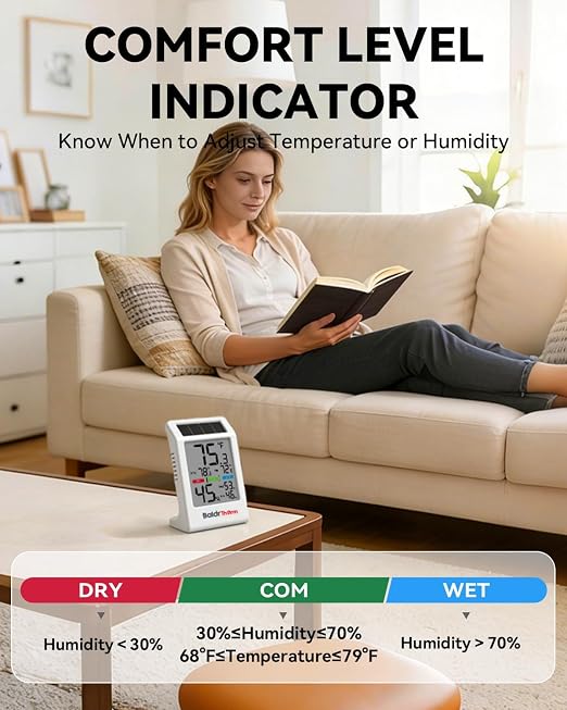 BALDR Indoor Thermometer Hygrometer, Solar Power with Battery Backup, Large Display, Daily Max/Min & Comfort Indicator Humidity Meter | Solar & Battery Dual Power |No Setup or App Required |Clear Comfort Level Indicator |Flexible Desk or Wall Placement