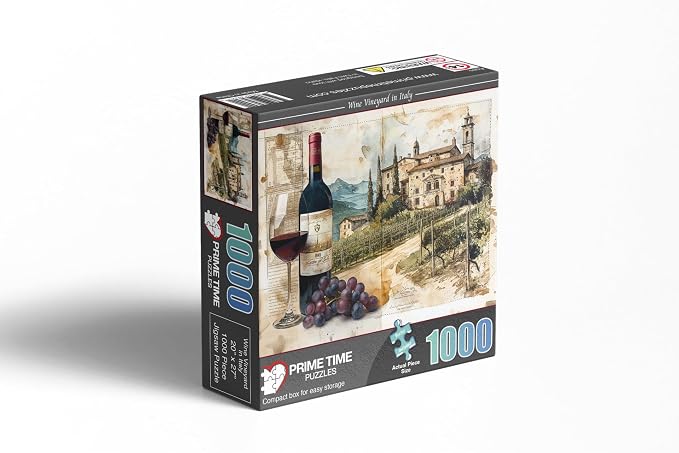 Adult Jigsaw Puzzle 1000 Piece Tuscany Wine | Features a Tuscany vineyard scene with a 1945 bottle and glass of wine before rows of grape vines. Challenging 20x27 inch.
