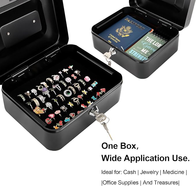 Jssmst Locking Medium Steel Cash Box with Money Tray,Lock Box,Black