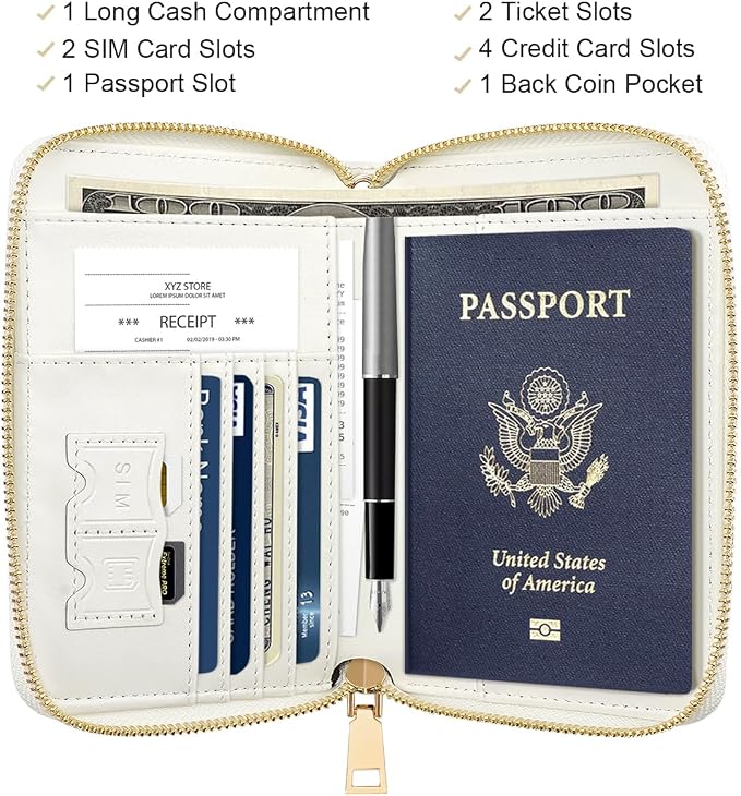 Passport Holder for Travel Personalized Wallet with Wristlet Women | All-in-One Passport Cover, RFID Blocking, Back Coin Pocket, Paper Money Slot, Zipper Closure, Roses Initial Letter, White P
