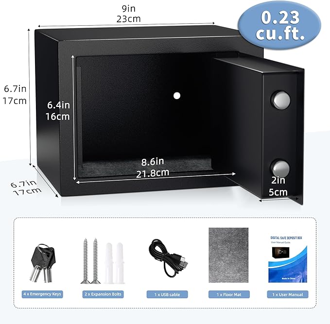 Digital Electronic Money Safe, Steel Security Lock Box with Keypad, Office Hotel Business Jewelry Gun Cash Safe, 0.23 Cubic Feet, 9.06" W x 6.69" D x 6.69" H（black）