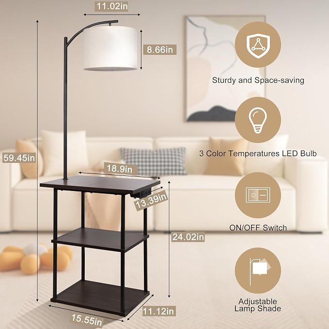 PESRAE Floor Lamp with Table,Lamps for Nightstand with Charging Station(USB & Type-C & AC Port), 3 Color Temperatures 9W LED Bulb, Modern Shelves Side Table for Bedroom, Office