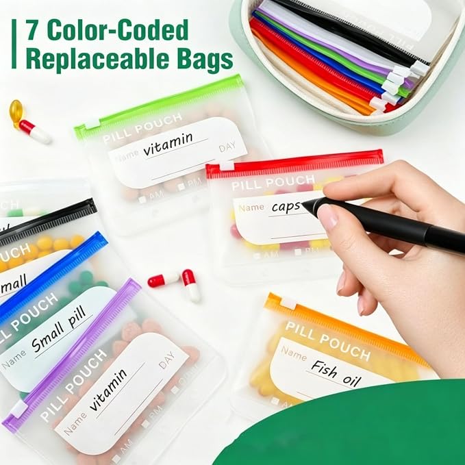 Waterproof Pill Organizer Set, Pill Pouch Organizer Binder, Waterproof Pill Pouch Set, Travel Medicine Organizers with 14 Color-Coded Pouches, Leakproof Reusable Zippered Storage Case(Green)
