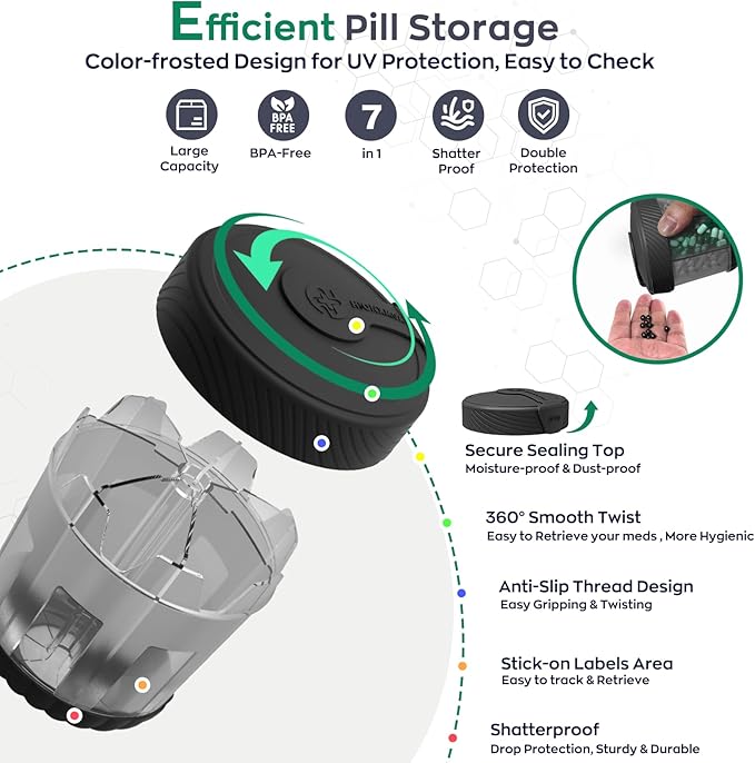 Large Pill Dispenser with 7 Compartments, Portable Pill Bottle Organizer for Travel, Anti-Mix Supplement Organizer Easy Twist Wide-Opening, BPA-Free Pill Box Container with 20Pcs Labels,Black