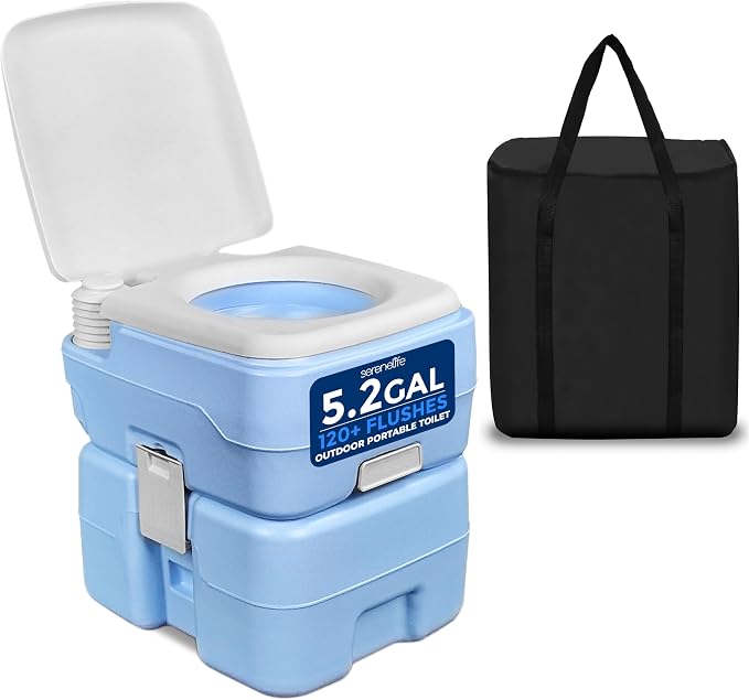 SereneLife 5.2 Gal Portable Camping Toilet For Adults, 100+ Flushes Porta Potty Camp Toilet with Detachable Waste Tank, 120+ Flushes, Hand Sprayer, Carry Bag for Camping, Hiking, and Boating