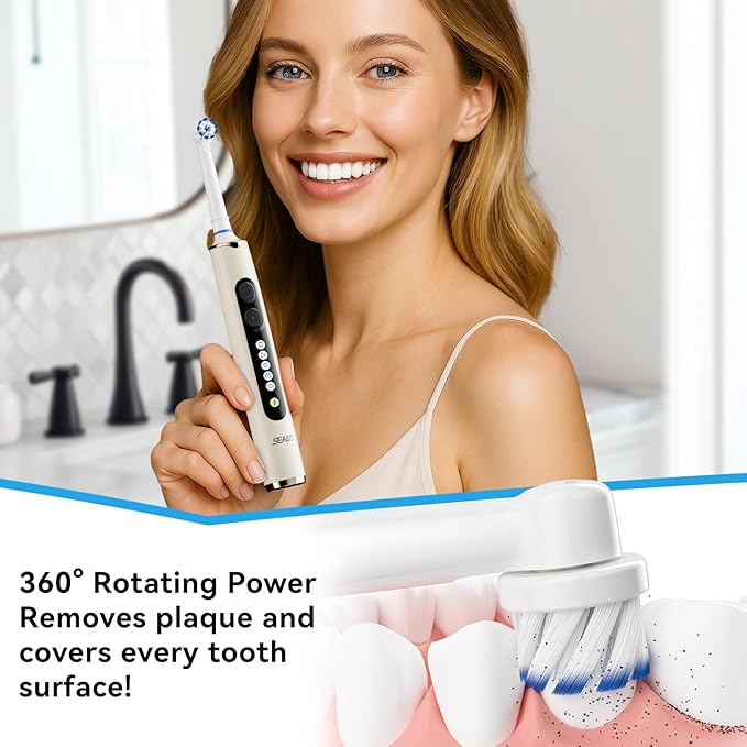 SEAGO Soft Round Electric Toothbrushes with 8 Spin Brush Heads, 5 Cleaning Modes, Rechargeable Sonic Toothbrush with Timer and Travel Case for Adults and Kids(SG-2607-Beige)