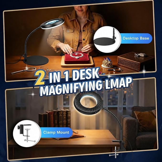 12X Magnifying Glass with Light and Stand, LED Magnifying Lamp with Clamp | 5 Color Modes, Stepless Dimmable, Flexible Gooseneck, for Diamond Painting and Small Craft Work Hobby Reading Sewing