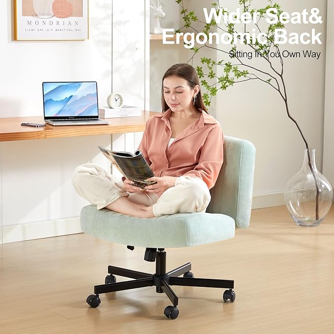 Criss Cross Chair with Wheels,Thick Padded Fabric Cross Legged Office Desk Chair with Pocket Springs Cushion,Dual-Purpose Base,Wide Adjustable Computer Home Office Vanity Chair,Mint Green