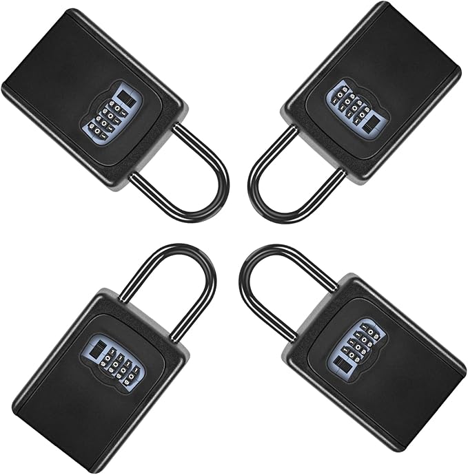 Portable Key Lock Box for House Key, Weatherproof Resettable Code House Key Safe Security Lock(4 Pack, Black)