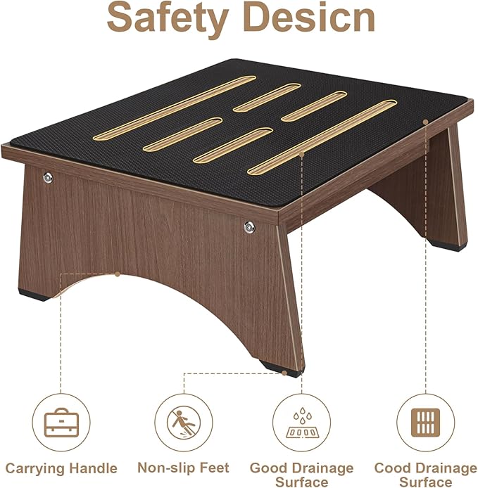One Step Stool for Adults Seniors with Non-Slip Rubber Stepping Surface, 6.9" Portable Single Wooden Riser, 450 LBS Capacity for Bedroom Kitchen Bathroom, or Bedside, Senior Support (Brown)
