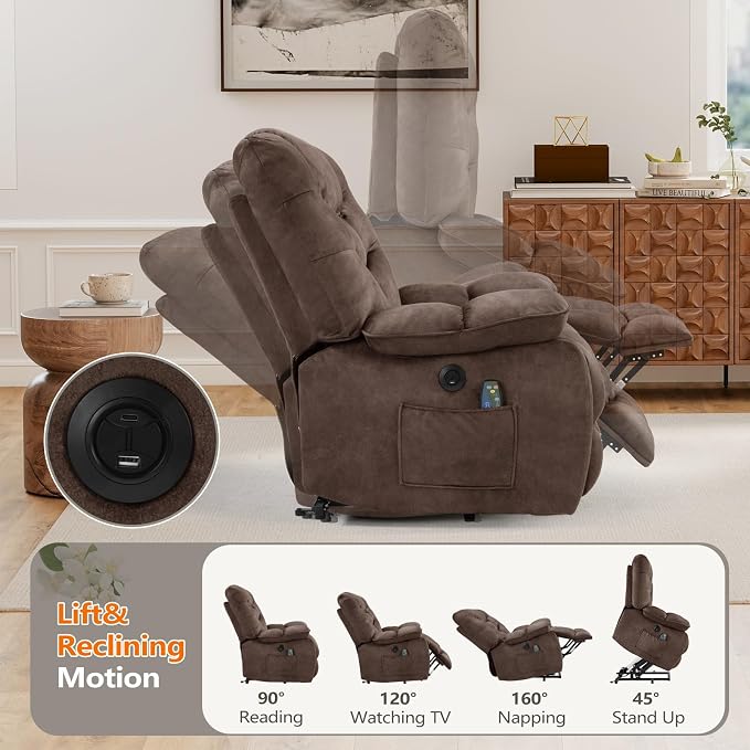 HAOMARKETS Oversized Power Lift Recliner Set of 2 with Massage and Heat for Elderly, Electric Lifting Reclining Chair with Side Pockets and USB Port for Living Room, Drown