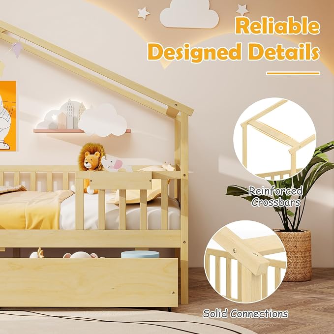 Giantex Full House Bed with Drawers, Wooden Full Size Bed Frame with Cube Storage & Fence Rails, Montessori Beds for Kids Boys Girls, Bedroom, Living Room, No Box Spring Needed, Natural