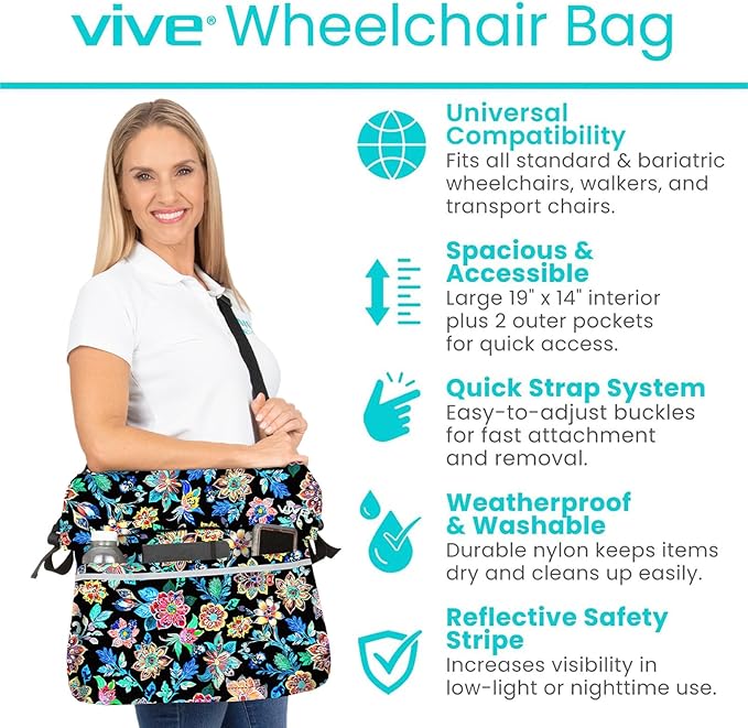 Vive XL Wheelchair Accessories Bag - Waterproof, Scratch-Resistant, Double-Stitched, Machine Washable for Adults, Seniors, 15 Colors - Storage Walker Backpack to Hang on Back (Black Floral)