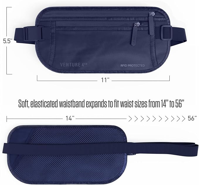 VENTURE 4TH Travel Money Belt, RFID Blocking Passport Holder - Sleek Navy