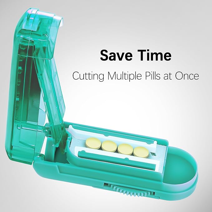 Pill Cutter Splitter for Small and Tiny Pills, Pill Cutter for Multiple Pills at a Time with Centering Device and Stainless Steel Blade (Cyan)
