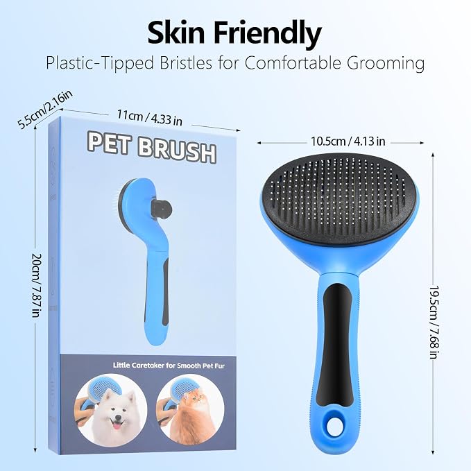 Self Cleaning Slicker Brush for Dogs & Cats, Deshedding Tool with Ergonomic Non-Slip Handle, One Button Hair Removal, Blue