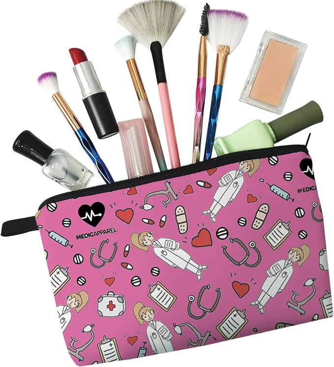 Livel lhood Pink Nurse Doctor Small Makeup Zipper Bag | Pink Nurse Doctor Printed Cosmetic Organizer Pouch, Pink Nurse Doctor Gift for Women Friends