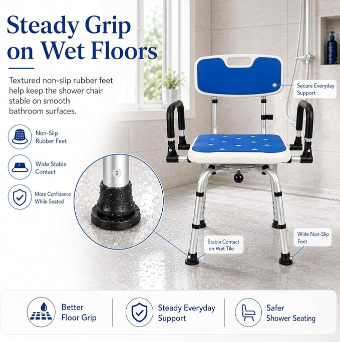 Deluxe Swivel Shower Chair with Arms & Back by CZMY, 360° Locking Seat, 5-Level Height Adjustable, Padded Heavy-Duty Bath Chair, 300 lbs, for Seniors, Elderly, & Disabled (Blue with Flip-Up Arms)