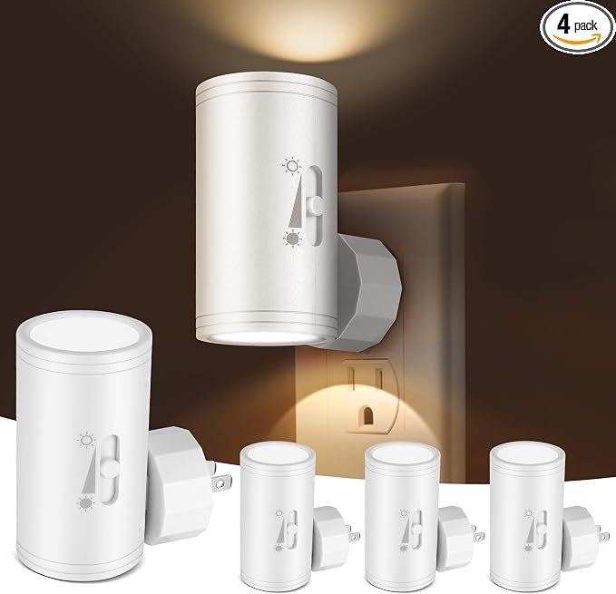 4 Pack LED Plug-in Wall Night Light with Dimmable 0-300 Lumens, 3000K Soft White, Auto On/Off Light Sensor & Adjustable Head for Hallway, Stairs, Bedroom