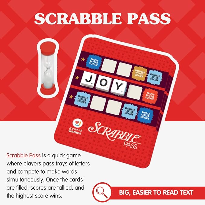 JOY FOR ALL Games - Scrabble Bingo 3-in-1 Word Games - Classic, Bingo, & Pass - New Easy to Grasp Tiles & Racks - Fun Family Board Game for Seniors, Kids, Teens, and Adults