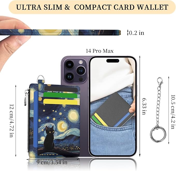 Hancynir Black Cat Small Wallet Women Credit Card Holder, Slim RFID Cute | Zipper Keychain Wallet, Travel Coin Front Pocket, Ladies Women Gifts, Thin Minimalist Card Case, 6 Card Slots, PU Leather