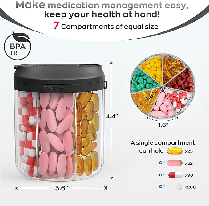 Pill Dispenser with 7 Large Compartments, Pill Organizer for Travel, Supplement Organizer with Anti-Mixing Design, BPA-Free Pill Container with 20 Pcs Labels, Purple+Black