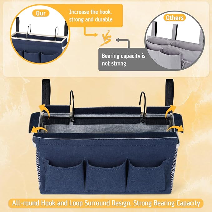 Lilithye Bedside Caddy, Bedside Storage Bag Hanging Organizer for Bunk Bed | Bed Caddy with Fixed Straps and Water Bottle Holder for Home, College Dorm, Bunk Bed, Hospital Bed and Crib Bed Rails