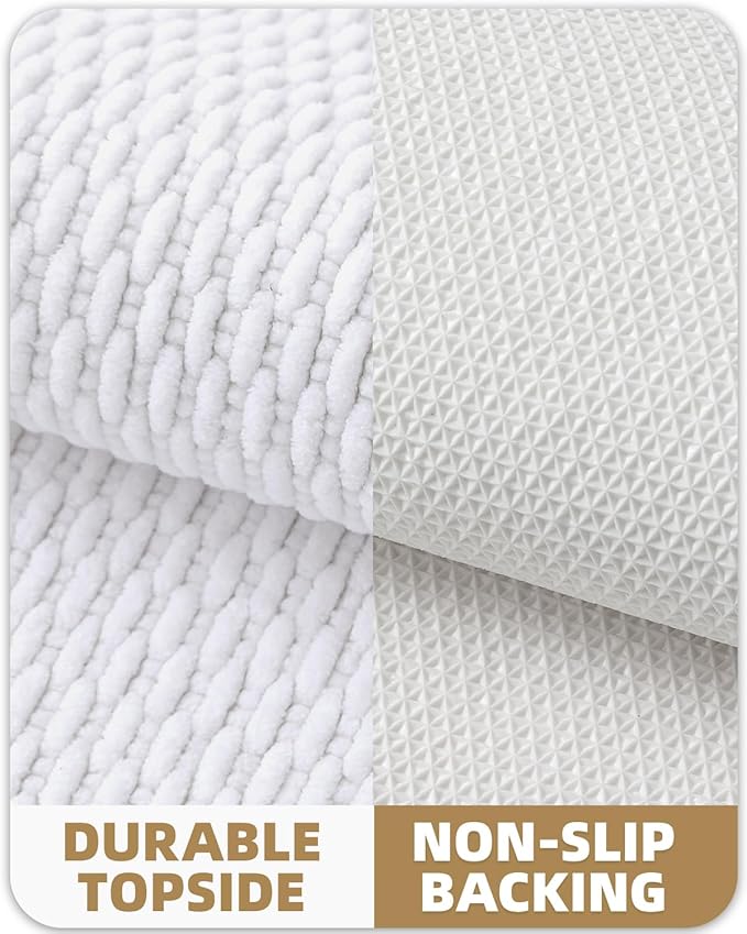 Color&Geometry Bathroom Rugs with Rubber Backing, Non Slip Machine Washable Bath Mat, Soft Absorbent Chenille Boho Carpet for Bathroom Floor, Tub and Shower,24"x36", White