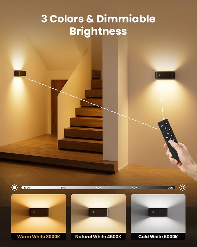 Motion Sensor Wall Sconce Indoor with Remote Control Wall Light LED Wall Sconces Set of Two Rechargeable 8000mAh Battery Operateded Wall Lamps Brightness Adjustable for Stair Closet Bedroom Hallway